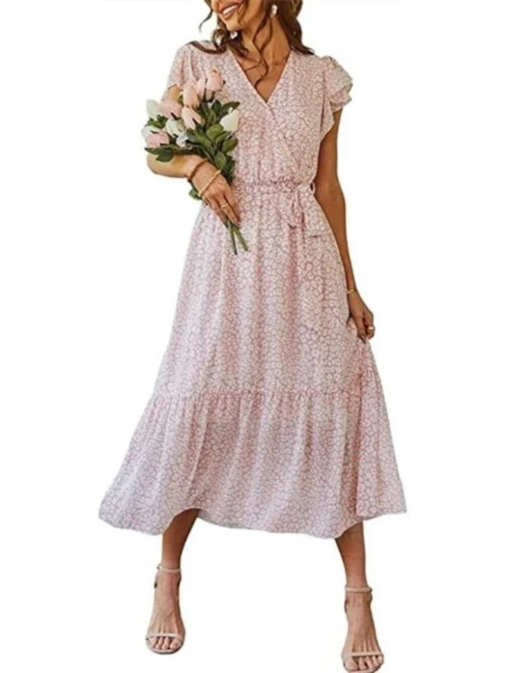 PRETTYGARDEN Pink Leopard Print Ruffle Sleeve Midi Wrap Dress XL - Picture 2 of 10